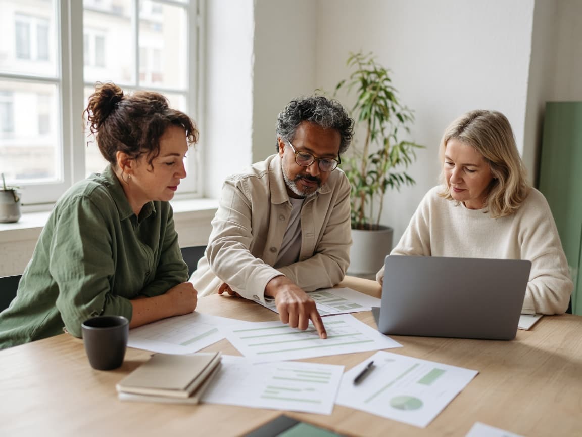 Three colleagues reviewing printed project schedules and cost charts at a table